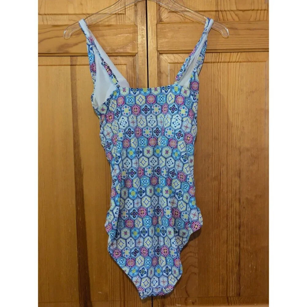 Bal Barbour Womens Swimsuit 14‎ One Piece V Neck, Blue & White Geometric - Picture 7 of 16